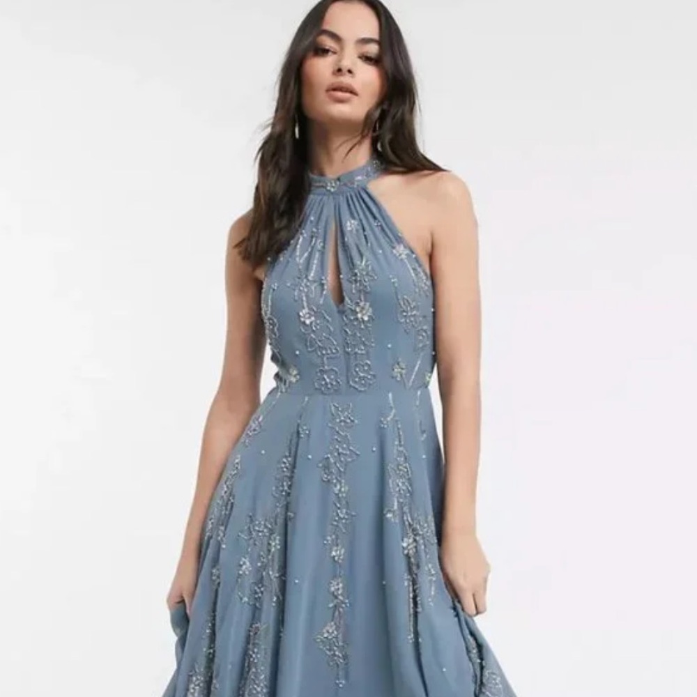 ASOS DESIGN halter midi skater dress in embellishment with flare panels in Blue